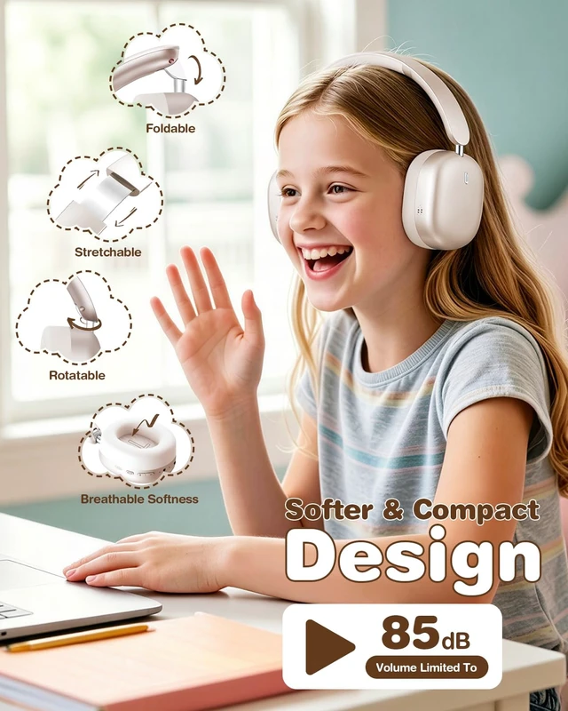 Alt view image 5 of 7 - Kids Headphones Wireless Bluetooth 5.4,Foldable Over Ear Headphones with 3.5mm Wired Mode,Safe Volume Limit,48H Playtime,Clear Calls,HD Sound for Toddlers/Children/School/Travel,Starlight
