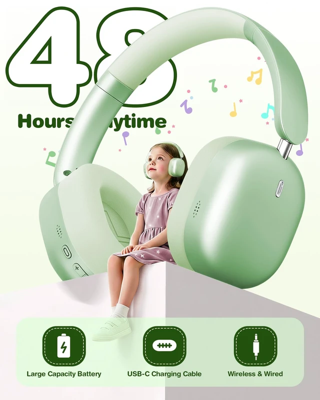Alt view image 6 of 7 - Kids Headphones Wireless Bluetooth 5.4,Foldable Over Ear Headphones with 3.5mm Wired Mode,Safe Volume Limit,48H Playtime,Clear Calls,HD Sound for Toddlers/Children/School/Travel,Green