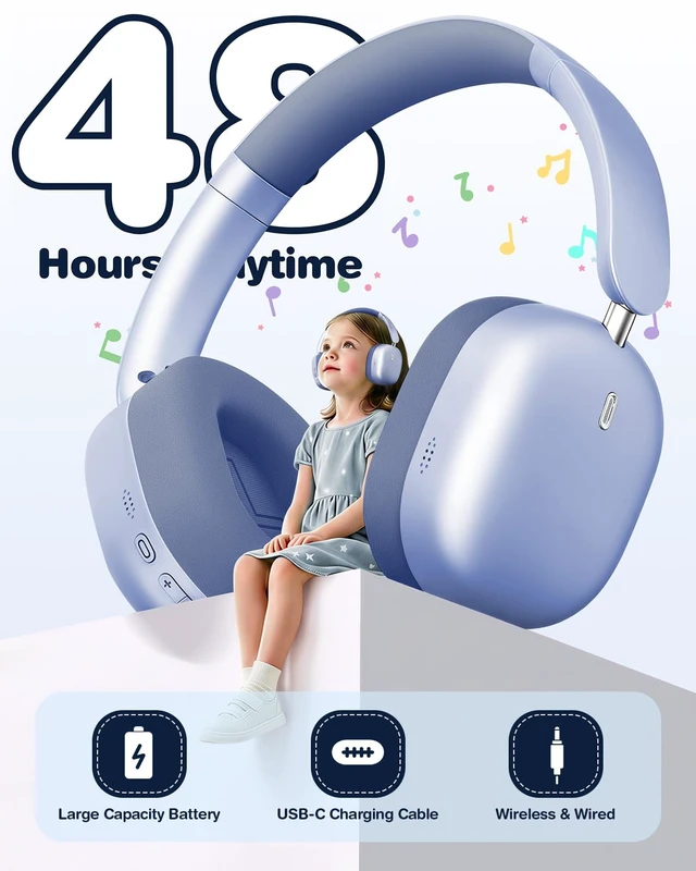 Alt view image 6 of 7 - Kids Headphones Wireless Bluetooth 5.4,Foldable Over Ear Headphones with 3.5mm Wired Mode,Safe Volume Limit,48H Playtime,Clear Calls,HD Sound for Toddlers/Children/School/Travel,Blue