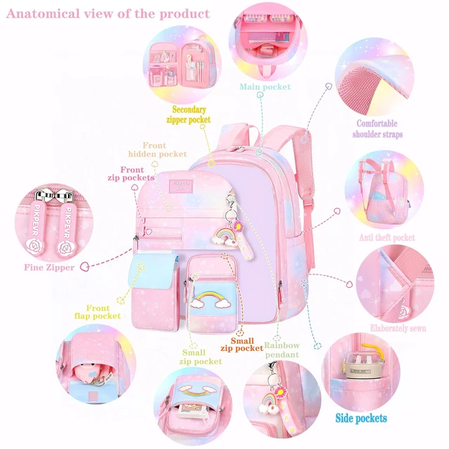 Alt view image 7 of 7 - Girls Rainbow School Backpack for Elementary,Kids Kawaii Bookbag Kids school backpack,For primary schoolbag,with pencil case