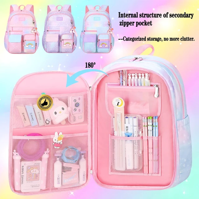 Alt view image 4 of 7 - Girls Rainbow School Backpack for Elementary,Kids Kawaii Bookbag Kids school backpack,For primary schoolbag,with pencil case