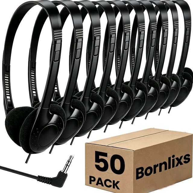 Main image of Bulk 50 Pack Classroom Headphones for School Student Durable Wired Headsets for Kids Teens & Adults, Compatible with Chromebooks Laptops Tablets for Learning & Testing (Black)