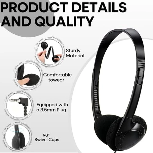 Alt view image 3 of 7 - Bulk 50 Pack Classroom Headphones for School Student Durable Wired Headsets for Kids Teens & Adults, Compatible with Chromebooks Laptops Tablets for Learning & Testing (Black)