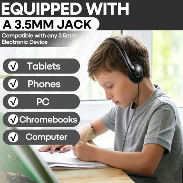 Alt view image 5 of 7 - Bulk 50 Pack Classroom Headphones for School Student Durable Wired Headsets for Kids Teens & Adults, Compatible with Chromebooks Laptops Tablets for Learning & Testing (Black)