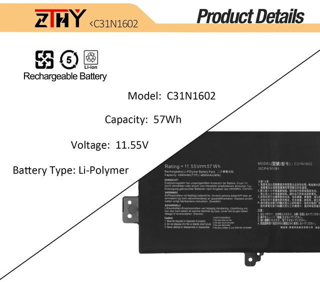 Alt view image 2 of 7 - C31N1602 Laptop Battery Replacement for Asus ZenBook U3000U UX330 UX330U UX330UA UX330UAK UX330UA-1A UX330UA-1B UX330UA-1C UX330UA-FB018R FB161T Series C31N16O2 0B200-02090000 11.55V 57Wh