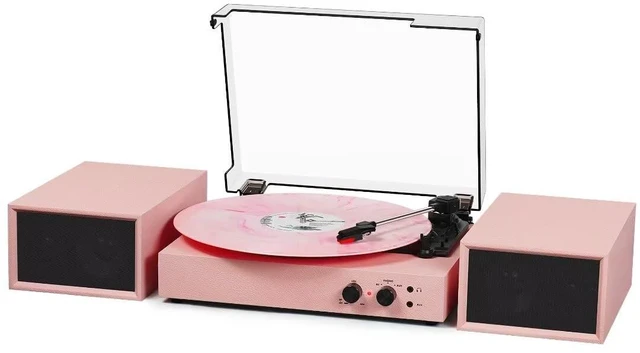 Main image of Vinyl Record Player with External Speakers, Vintage 3-Speed Turntable with Dual Speakers, Bluetooth Music Playback, MP3 PC Encoding, AUX Input Headphone Jack and RCA Out, Light Pink
