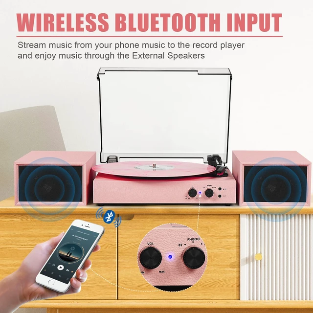 Alt view image 2 of 7 - Vinyl Record Player with External Speakers, Vintage 3-Speed Turntable with Dual Speakers, Bluetooth Music Playback, MP3 PC Encoding, AUX Input Headphone Jack and RCA Out, Light Pink
