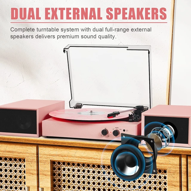 Alt view image 3 of 7 - Vinyl Record Player with External Speakers, Vintage 3-Speed Turntable with Dual Speakers, Bluetooth Music Playback, MP3 PC Encoding, AUX Input Headphone Jack and RCA Out, Light Pink