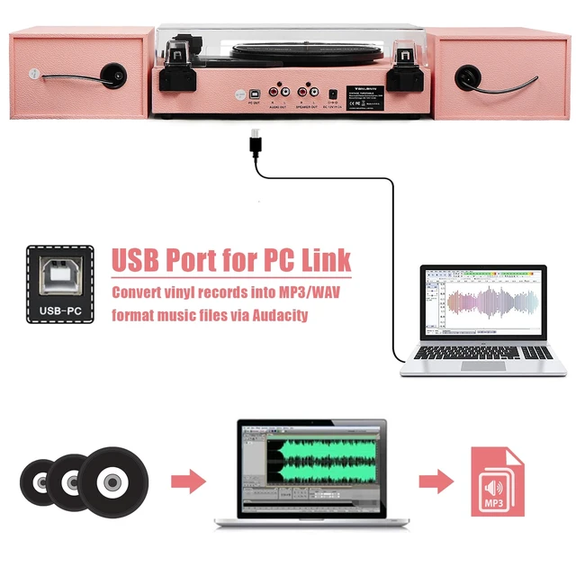 Alt view image 5 of 7 - Vinyl Record Player with External Speakers, Vintage 3-Speed Turntable with Dual Speakers, Bluetooth Music Playback, MP3 PC Encoding, AUX Input Headphone Jack and RCA Out, Light Pink