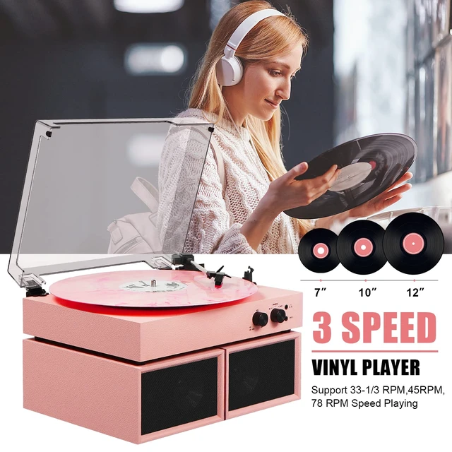 Alt view image 6 of 7 - Vinyl Record Player with External Speakers, Vintage 3-Speed Turntable with Dual Speakers, Bluetooth Music Playback, MP3 PC Encoding, AUX Input Headphone Jack and RCA Out, Light Pink
