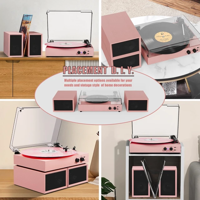 Alt view image 7 of 7 - Vinyl Record Player with External Speakers, Vintage 3-Speed Turntable with Dual Speakers, Bluetooth Music Playback, MP3 PC Encoding, AUX Input Headphone Jack and RCA Out, Light Pink