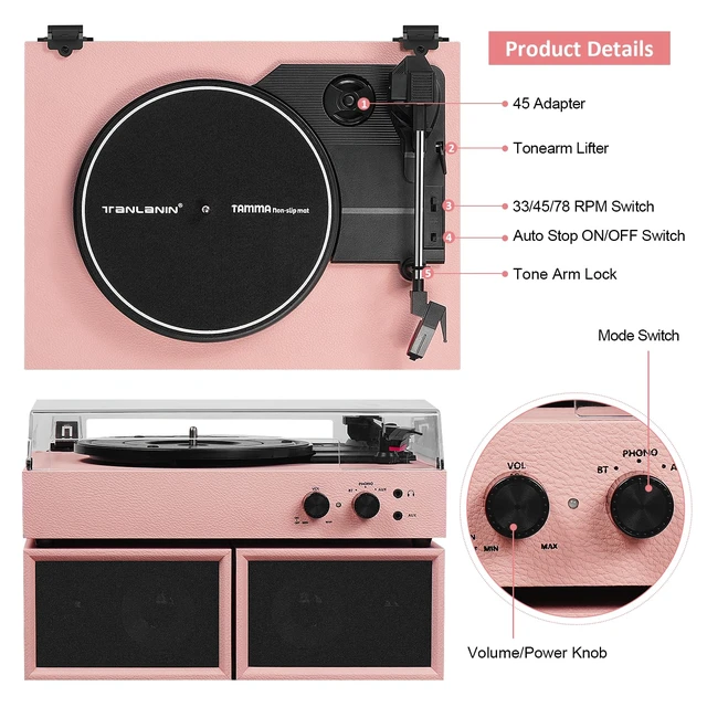 Alt view image 4 of 7 - Vinyl Record Player with External Speakers, Vintage 3-Speed Turntable with Dual Speakers, Bluetooth Music Playback, MP3 PC Encoding, AUX Input Headphone Jack and RCA Out, Light Pink