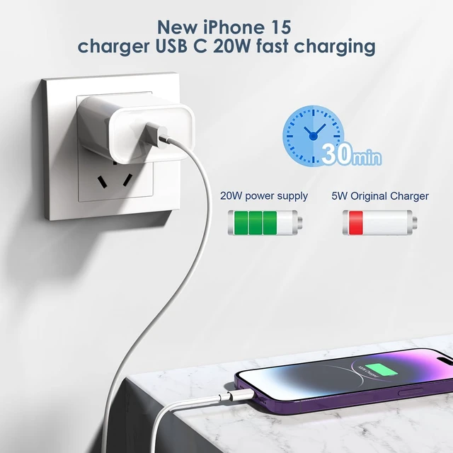 Alt view image 2 of 7 - USB C Cable Fast Charging for iPhone 18 17 16 Charger,2Pack 20W USB C Charger Block iPhone Charging Cable Cord for iPhone 18/18 Pro/17 Air/17 Pro/17 Pro Max/16 Pro/16 Pro Max/15/15 Pro/15 Pro Max/iPad