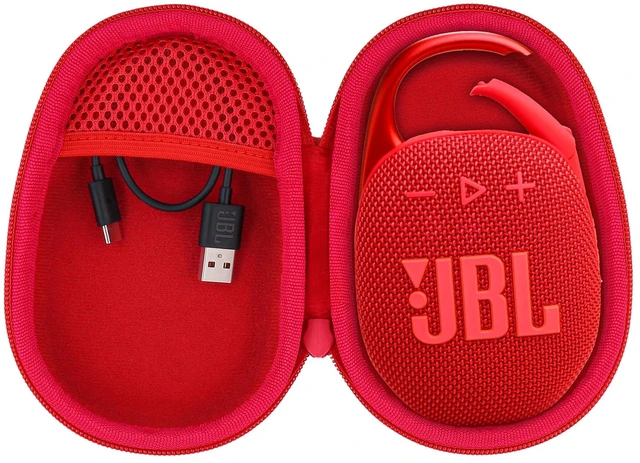 Main image of Hard Carrying Case for JBL Clip 5 Portable Mini Speaker, Red 1:1 Molded Interior, Soft Anti-Static Velvet Lining, Cable Storage, Secure Fit, Carabiner, High-Density EVA Shell