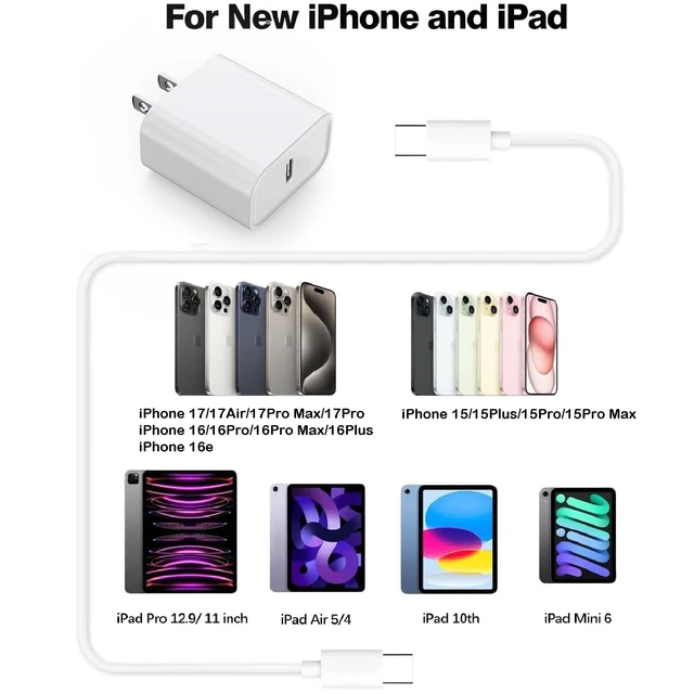 Alt view image 7 of 7 - USB C Cable Fast Charging for iPhone 18 17 16 Charger,2Pack 20W USB C Charger Block iPhone Charging Cable Cord for iPhone 18/18 Pro/17 Air/17 Pro/17 Pro Max/16 Pro/16 Pro Max/15/15 Pro/15 Pro Max/iPad