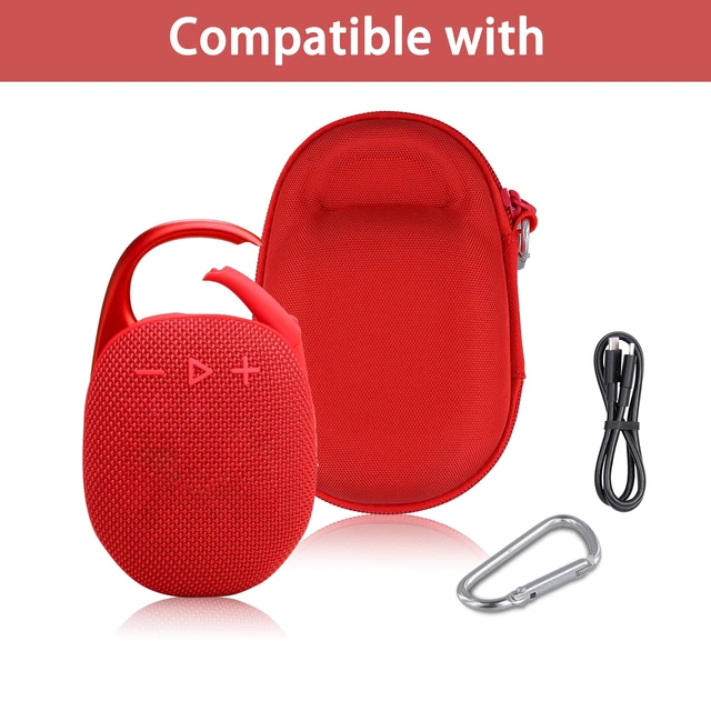 Alt view image 4 of 7 - Hard Carrying Case for JBL Clip 5 Portable Mini Speaker, Red 1:1 Molded Interior, Soft Anti-Static Velvet Lining, Cable Storage, Secure Fit, Carabiner, High-Density EVA Shell