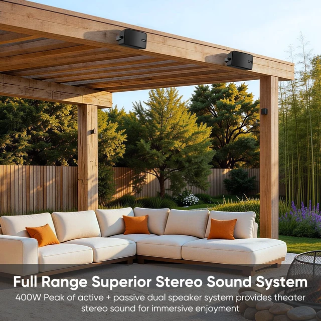 Alt view image 2 of 7 - Upgraded 400W Outdoor Bluetooth Speakers Pair - Active Passive Wall Mount Stereo Speaker, Wireless Multi-Speaker Connection with Auracast, Sound System w/Aux for Porch, Patio, Garage, Home