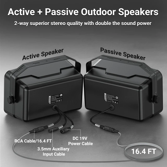 Alt view image 5 of 7 - Upgraded 400W Outdoor Bluetooth Speakers Pair - Active Passive Wall Mount Stereo Speaker, Wireless Multi-Speaker Connection with Auracast, Sound System w/Aux for Porch, Patio, Garage, Home
