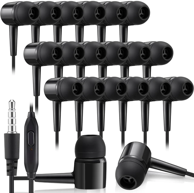 Main image of 50 Pack Wired Ear Buds with Mic for Student, Classic, Black Ear Headphones Wired Earbuds Bulk, with 3.5mm Plug, for School Classroom Library Museum Travel Plane Tablet