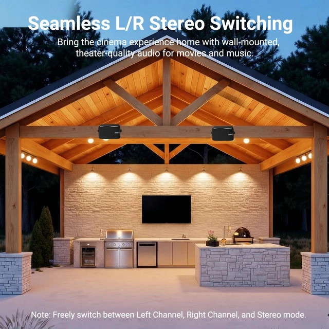 Alt view image 4 of 7 - Upgraded 400W Outdoor Bluetooth Speakers Pair - Active Passive Wall Mount Stereo Speaker, Wireless Multi-Speaker Connection with Auracast, Sound System w/Aux for Porch, Patio, Garage, Home