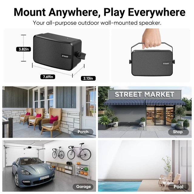 Alt view image 7 of 7 - Upgraded 400W Outdoor Bluetooth Speakers Pair - Active Passive Wall Mount Stereo Speaker, Wireless Multi-Speaker Connection with Auracast, Sound System w/Aux for Porch, Patio, Garage, Home