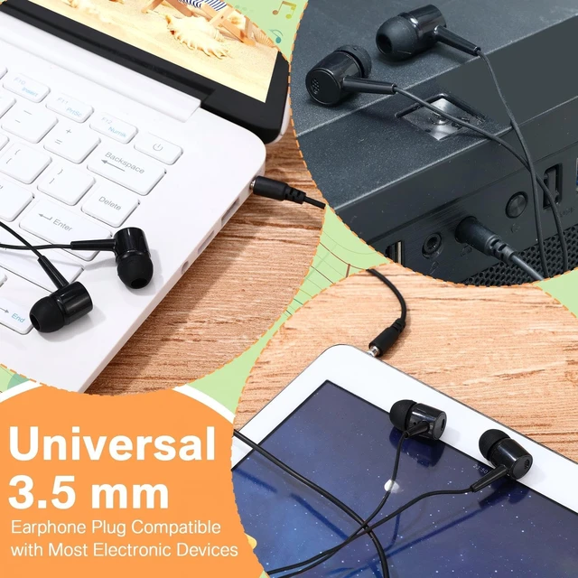 Alt view image 4 of 7 - 50 Pack Wired Ear Buds with Mic for Student, Classic, Black Ear Headphones Wired Earbuds Bulk, with 3.5mm Plug, for School Classroom Library Museum Travel Plane Tablet