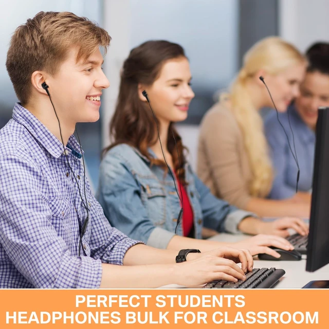 Alt view image 6 of 7 - 50 Pack Wired Ear Buds with Mic for Student, Classic, Black Ear Headphones Wired Earbuds Bulk, with 3.5mm Plug, for School Classroom Library Museum Travel Plane Tablet
