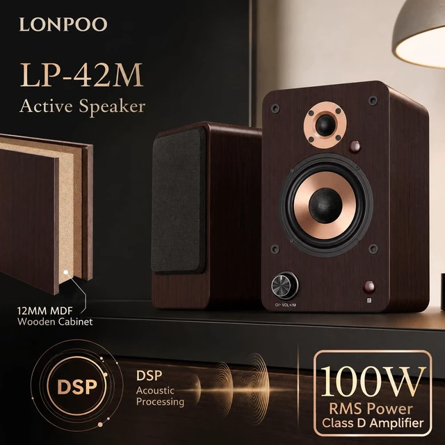 Alt view image 3 of 7 - 100W HiFi Active Bookshelf Speakers with Bluetooth 4'' Aluminum Woofer, 12MM Wooden Cabinet, DSP-Tech, Optical/RCA/USB/AUX for TV PC Turntable (LP-42M)