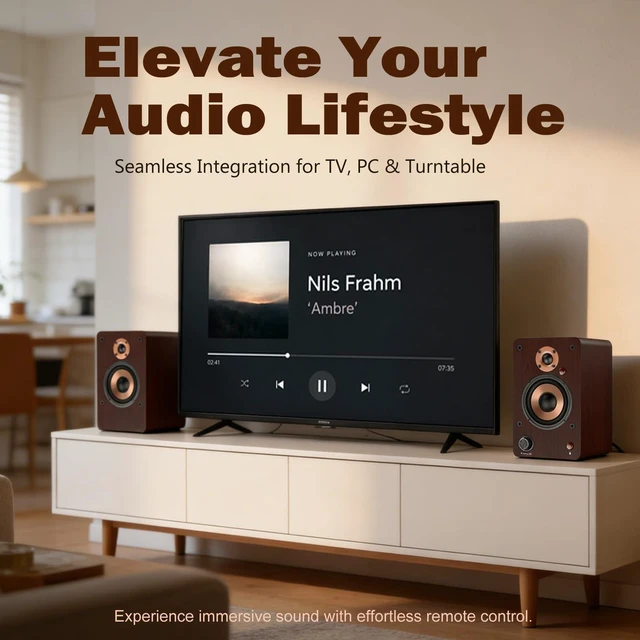 Alt view image 2 of 7 - 100W HiFi Active Bookshelf Speakers with Bluetooth 4'' Aluminum Woofer, 12MM Wooden Cabinet, DSP-Tech, Optical/RCA/USB/AUX for TV PC Turntable (LP-42M)