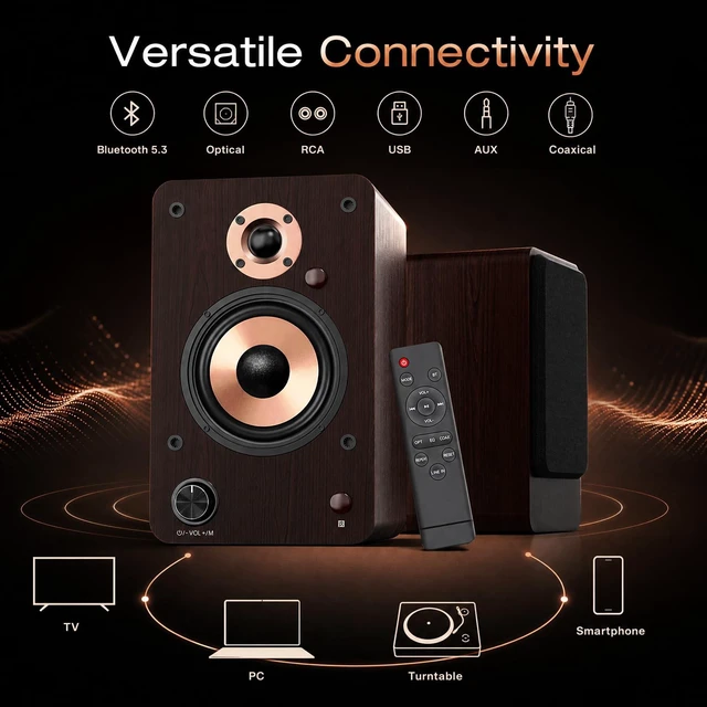 Alt view image 4 of 7 - 100W HiFi Active Bookshelf Speakers with Bluetooth 4'' Aluminum Woofer, 12MM Wooden Cabinet, DSP-Tech, Optical/RCA/USB/AUX for TV PC Turntable (LP-42M)
