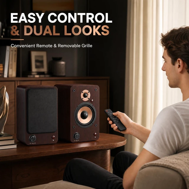 Alt view image 7 of 7 - 100W HiFi Active Bookshelf Speakers with Bluetooth 4'' Aluminum Woofer, 12MM Wooden Cabinet, DSP-Tech, Optical/RCA/USB/AUX for TV PC Turntable (LP-42M)