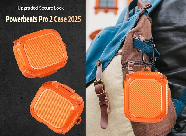 Alt view image 6 of 7 - Compatible with Beats Powerbeats Pro 2 Case with Lock 2025, Rugged Shockproof Protective Hard New Powerbeat Pro2 Cover Skin with Carabiner&Cleaner Pen Men for Beat PowerBeat Pro 2 Earbuds,Orange