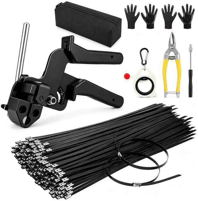 Main image of 300PCS 12" Stainless Steel Cable Tie Gun Kit, Black Metal Zip Ties Heavy Duty & UV Resistant, 200lbs Tensile Strength, Adjustable Cutting Tool for Fencing, Exhaust Wrap & Automotive