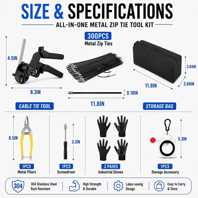 Alt view image 2 of 7 - 300PCS 12" Stainless Steel Cable Tie Gun Kit, Black Metal Zip Ties Heavy Duty & UV Resistant, 200lbs Tensile Strength, Adjustable Cutting Tool for Fencing, Exhaust Wrap & Automotive