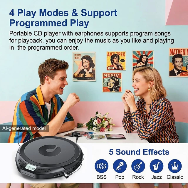 Alt view image 5 of 7 - H-01 Portable CD Player with Earphones,Personal CD Discman Player for Home Car with Anti-Skip Shockproof Protection, Small CD Player with LCD Display for Music Lovers