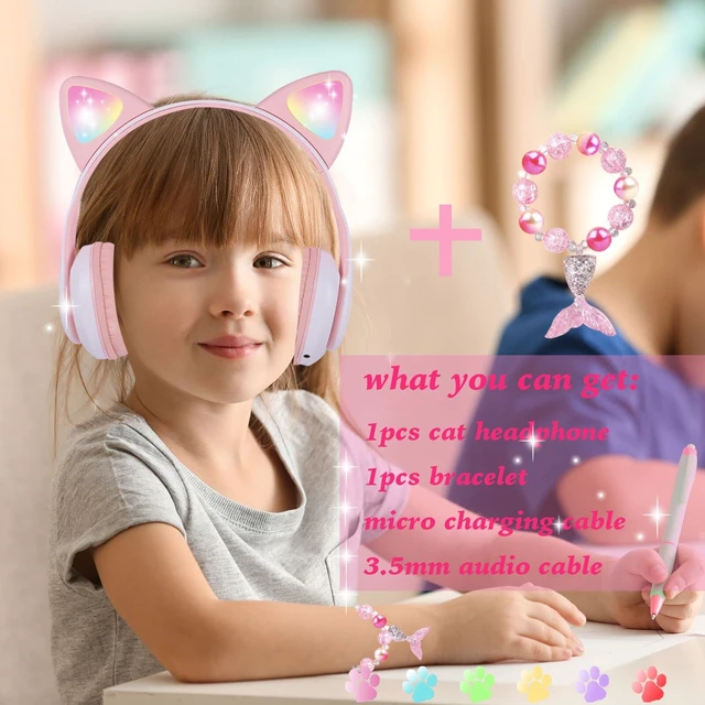 Alt view image 2 of 6 - Wireless Headphones for Kids, Cat Ear LED Light Up Bluetooth Kids Headphones with Microphone for School/Travel/Sports/Gaming/Gifts/Christmas (Pink)