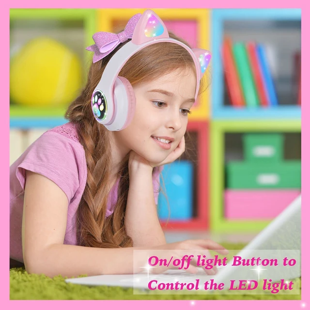 Alt view image 3 of 6 - Wireless Headphones for Kids, Cat Ear LED Light Up Bluetooth Kids Headphones with Microphone for School/Travel/Sports/Gaming/Gifts/Christmas (Pink)