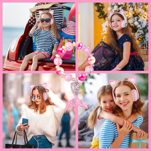 Alt view image 5 of 6 - Wireless Headphones for Kids, Cat Ear LED Light Up Bluetooth Kids Headphones with Microphone for School/Travel/Sports/Gaming/Gifts/Christmas (Pink)