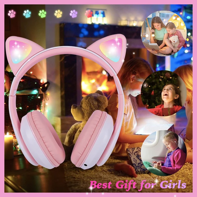 Alt view image 4 of 6 - Wireless Headphones for Kids, Cat Ear LED Light Up Bluetooth Kids Headphones with Microphone for School/Travel/Sports/Gaming/Gifts/Christmas (Pink)