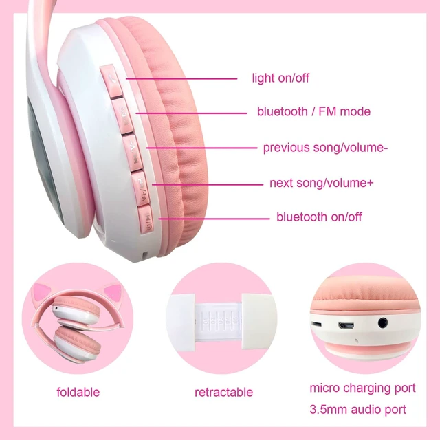 Alt view image 6 of 6 - Wireless Headphones for Kids, Cat Ear LED Light Up Bluetooth Kids Headphones with Microphone for School/Travel/Sports/Gaming/Gifts/Christmas (Pink)