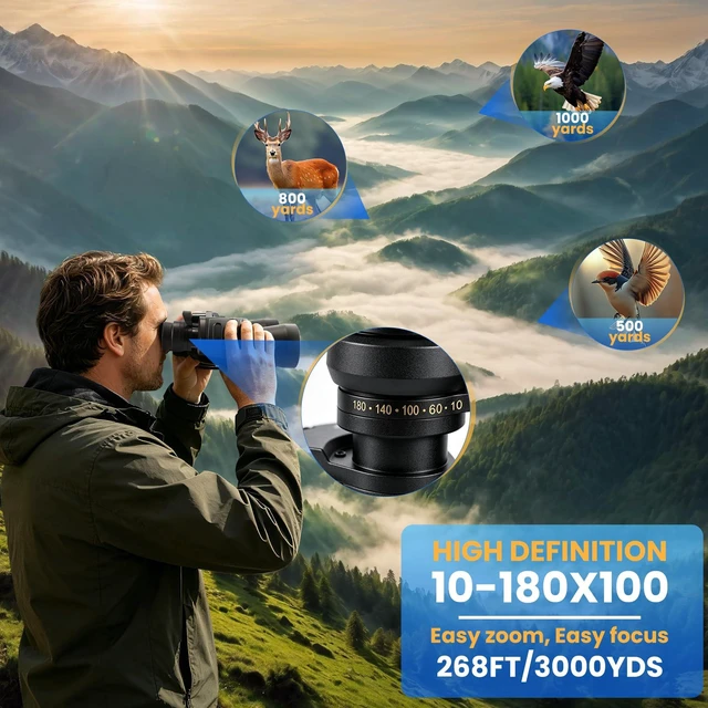 Alt view image 6 of 7 - 10-180x100 Zoom Binoculars for Adults, Day/Low Light Night Vision High Powered Binoculars with BAK4 & FMC Lens, Waterproof Fogproof for Hunting Birdwatching Travel Sport Concert Gift for Men