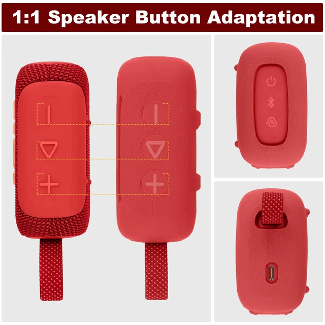 Alt view image 3 of 7 - for JBL Go 5 Waterproof Bluetooth Speaker Silicone Cover, Red Snug Fit, Portable Carabiner Clip, Shock Absorption, Drop Protection, Travel Lightweight Design, Protective Skin Case