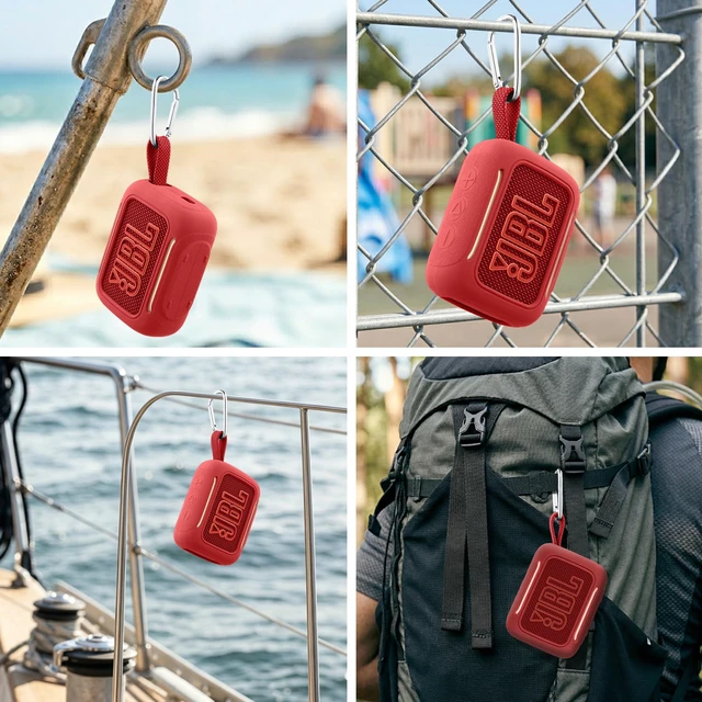 Alt view image 5 of 7 - for JBL Go 5 Waterproof Bluetooth Speaker Silicone Cover, Red Snug Fit, Portable Carabiner Clip, Shock Absorption, Drop Protection, Travel Lightweight Design, Protective Skin Case