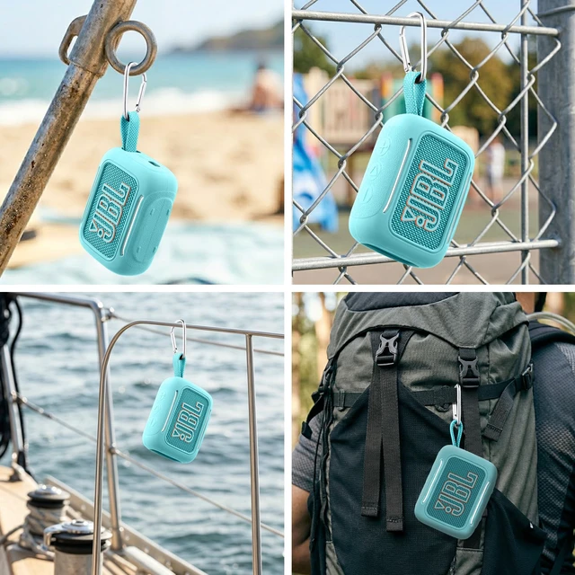 Alt view image 5 of 7 - for JBL Go 5 Waterproof Bluetooth Speaker Silicone Cover, Mint Green Snug Fit, Portable Carabiner Clip, Shock Absorption, Drop Protection, Travel Lightweight Design, Protective Skin Case