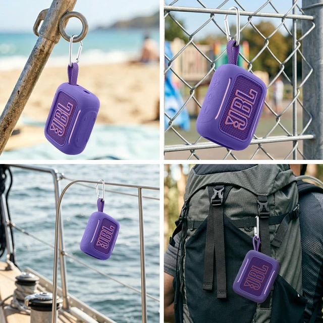 Alt view image 5 of 7 - for JBL Go 5 Waterproof Bluetooth Speaker Silicone Cover, Purple Snug Fit, Portable Carabiner Clip, Shock Absorption, Drop Protection, Travel Lightweight Design, Protective Skin Case