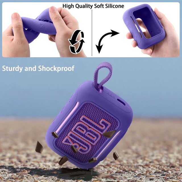Alt view image 7 of 7 - for JBL Go 5 Waterproof Bluetooth Speaker Silicone Cover, Purple Snug Fit, Portable Carabiner Clip, Shock Absorption, Drop Protection, Travel Lightweight Design, Protective Skin Case