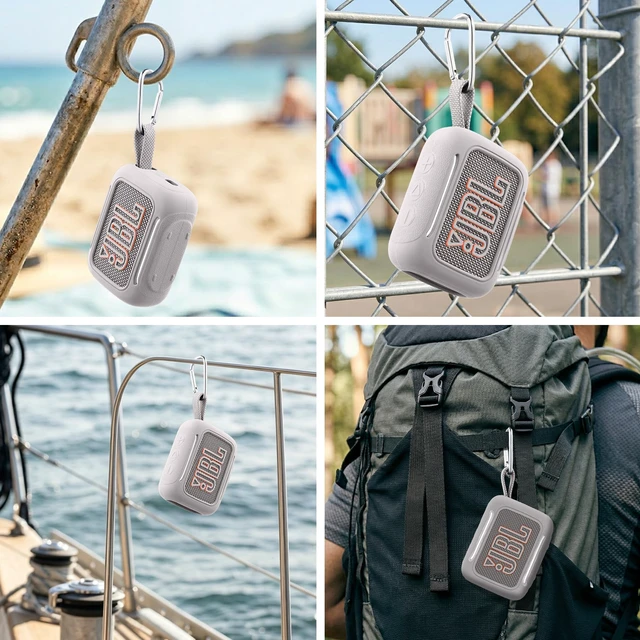 Alt view image 5 of 7 - for JBL Go 5 Waterproof Bluetooth Speaker Silicone Cover, White Snug Fit, Portable Carabiner Clip, Shock Absorption, Drop Protection, Travel Lightweight Design, Protective Skin Case