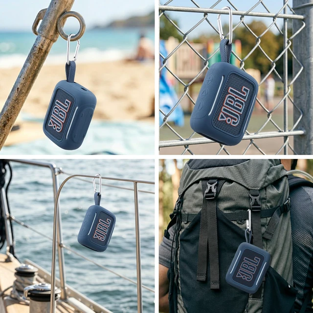 Alt view image 5 of 7 - for JBL Go 5 Waterproof Bluetooth Speaker Silicone Cover, Blue Snug Fit, Portable Carabiner Clip, Shock Absorption, Drop Protection, Travel Lightweight Design, Protective Skin Case