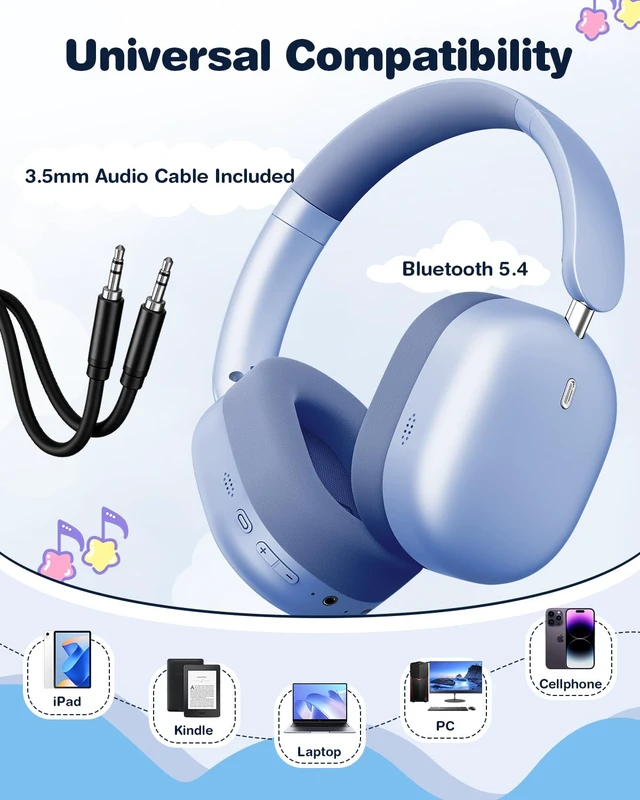 Alt view image 3 of 7 - Kids Headphones Wireless Bluetooth 5.4,Foldable Over Ear Headphones with 3.5mm Wired Mode,Safe Volume Limit,48H Playtime,Clear Calls,HD Sound for Toddlers/Children/School/Travel,Blue