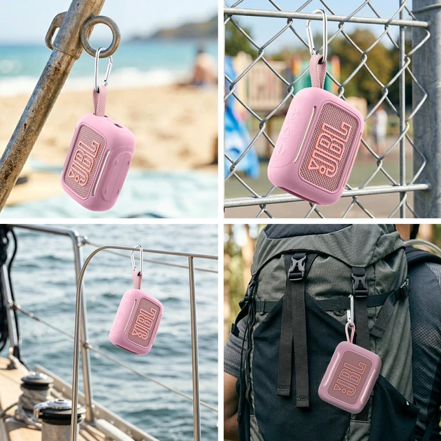 Alt view image 5 of 7 - for JBL Go 5 Waterproof Bluetooth Speaker Silicone Cover, Pink Snug Fit, Portable Carabiner Clip, Shock Absorption, Drop Protection, Travel Lightweight Design, Protective Skin Case